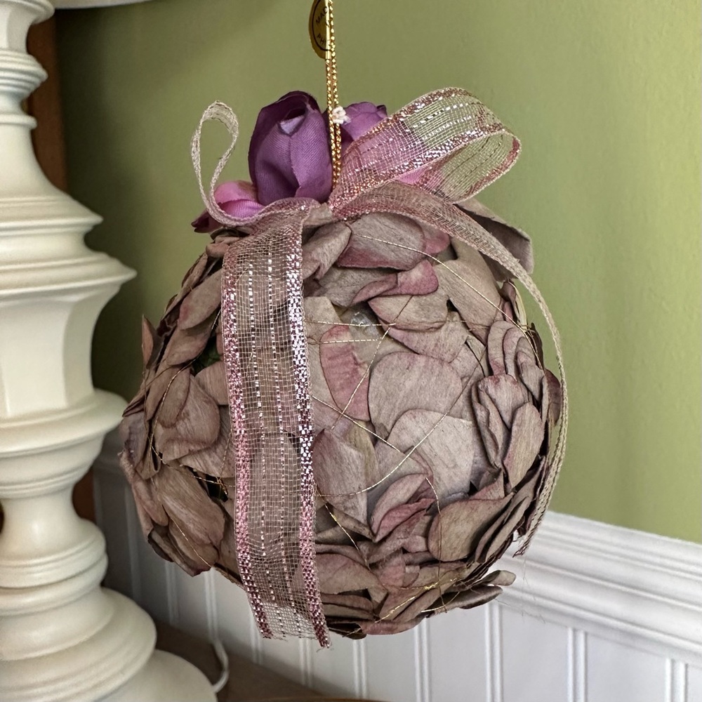 Purple Dried Flower Round Bulb Ornament with Metallic Lavender Ribbon Bow